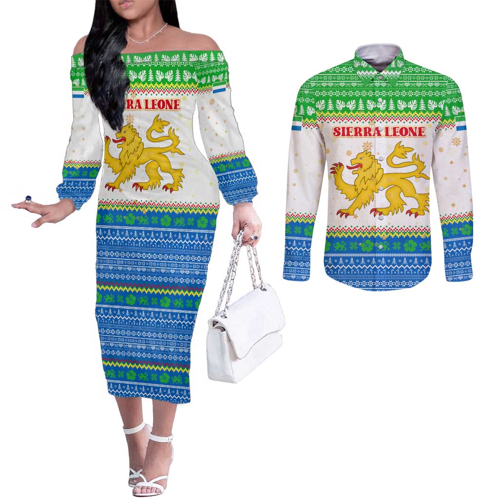 Sierra Leone Christmas Couples Matching Off The Shoulder Long Sleeve Dress and Long Sleeve Button Shirt with Festive Green Pattern, Golden Lion Emblem, and Santa Sleigh Motif - Wonder Print Shop