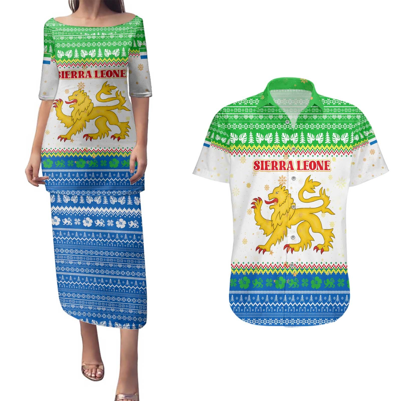 Sierra Leone Christmas Couples Matching Puletasi and Hawaiian Shirt with Festive Green Pattern, Golden Lion Emblem, and Santa Sleigh Motif - Wonder Print Shop