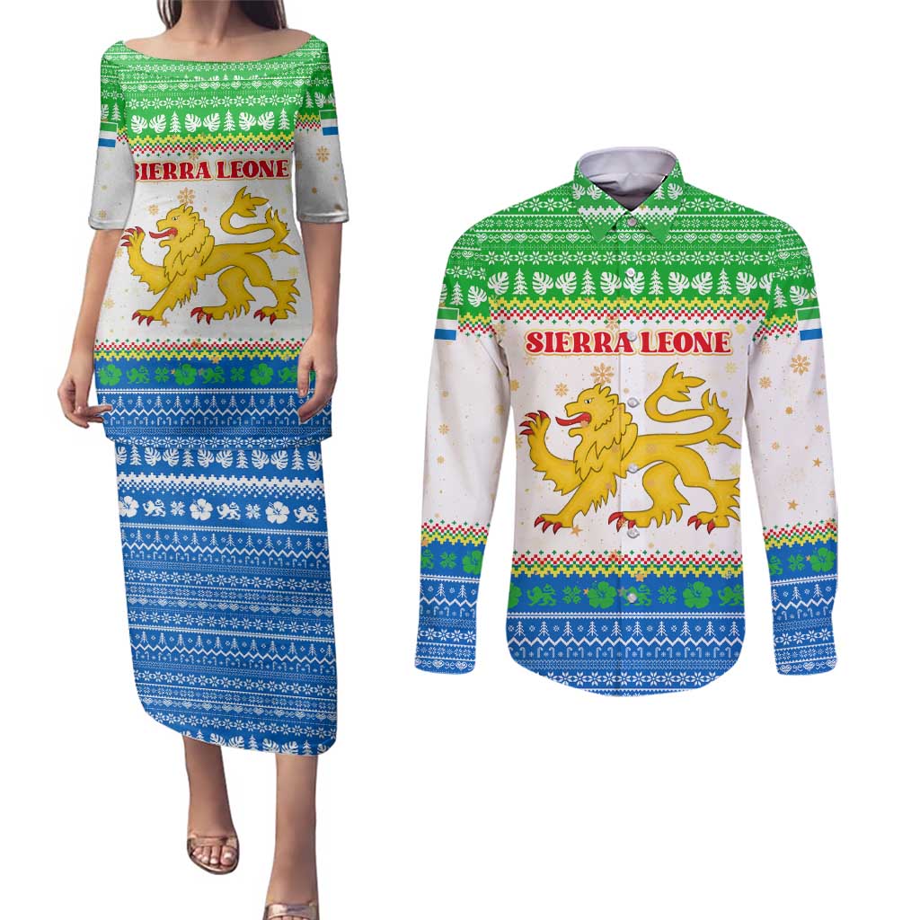 Sierra Leone Christmas Couples Matching Puletasi and Long Sleeve Button Shirt with Festive Green Pattern, Golden Lion Emblem, and Santa Sleigh Motif - Wonder Print Shop