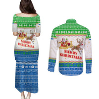 Sierra Leone Christmas Couples Matching Puletasi and Long Sleeve Button Shirt with Festive Green Pattern, Golden Lion Emblem, and Santa Sleigh Motif - Wonder Print Shop