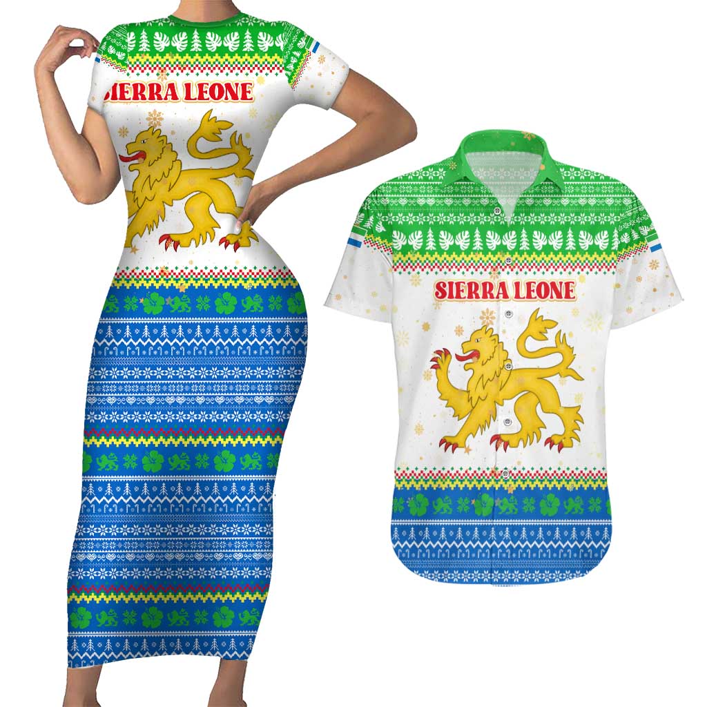 Sierra Leone Christmas Couples Matching Short Sleeve Bodycon Dress and Hawaiian Shirt with Festive Green Pattern, Golden Lion Emblem, and Santa Sleigh Motif - Wonder Print Shop