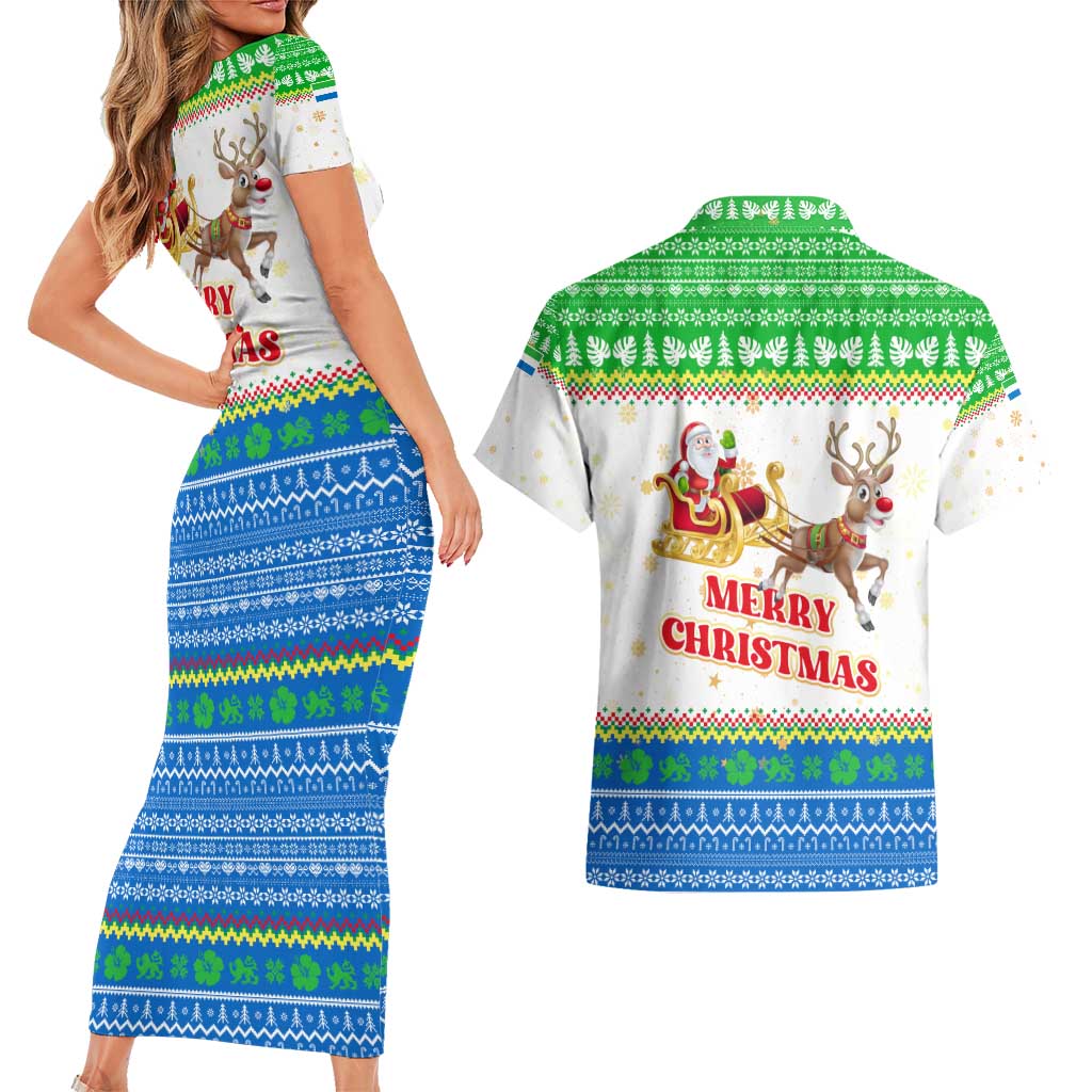Sierra Leone Christmas Couples Matching Short Sleeve Bodycon Dress and Hawaiian Shirt with Festive Green Pattern, Golden Lion Emblem, and Santa Sleigh Motif - Wonder Print Shop