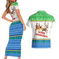 Sierra Leone Christmas Couples Matching Short Sleeve Bodycon Dress and Hawaiian Shirt with Festive Green Pattern, Golden Lion Emblem, and Santa Sleigh Motif - Wonder Print Shop