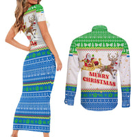 Sierra Leone Christmas Couples Matching Short Sleeve Bodycon Dress and Long Sleeve Button Shirt with Festive Green Pattern, Golden Lion Emblem, and Santa Sleigh Motif - Wonder Print Shop