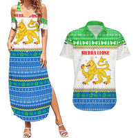 Sierra Leone Christmas Couples Matching Summer Maxi Dress and Hawaiian Shirt with Festive Green Pattern, Golden Lion Emblem, and Santa Sleigh Motif - Wonder Print Shop