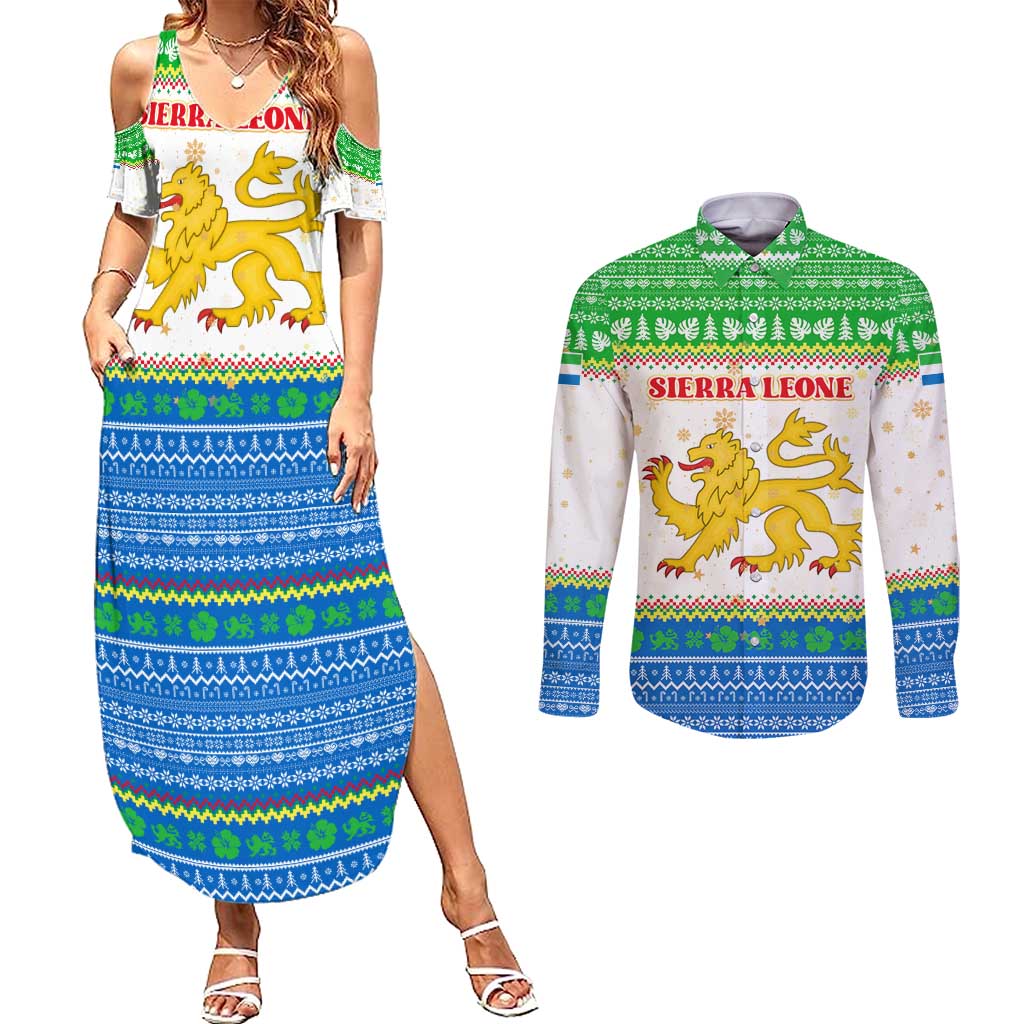Sierra Leone Christmas Couples Matching Summer Maxi Dress and Long Sleeve Button Shirt with Festive Green Pattern, Golden Lion Emblem, and Santa Sleigh Motif - Wonder Print Shop