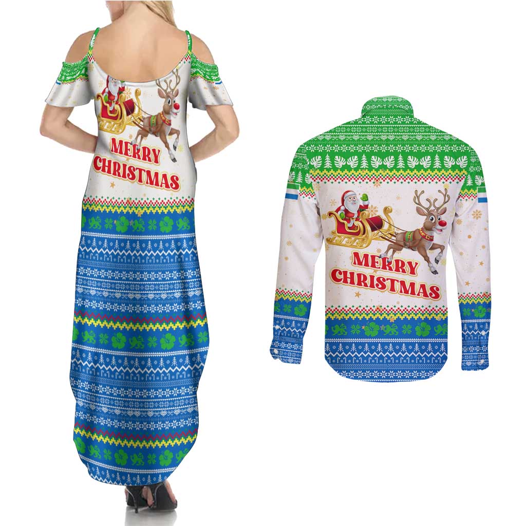 Sierra Leone Christmas Couples Matching Summer Maxi Dress and Long Sleeve Button Shirt with Festive Green Pattern, Golden Lion Emblem, and Santa Sleigh Motif - Wonder Print Shop