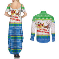 Sierra Leone Christmas Couples Matching Summer Maxi Dress and Long Sleeve Button Shirt with Festive Green Pattern, Golden Lion Emblem, and Santa Sleigh Motif - Wonder Print Shop