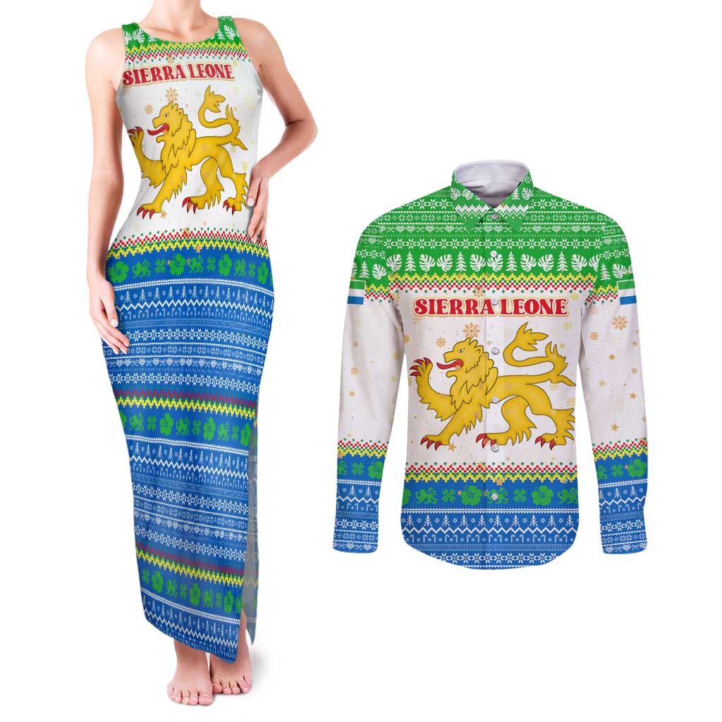 Sierra Leone Christmas Couples Matching Tank Maxi Dress and Long Sleeve Button Shirt with Festive Green Pattern, Golden Lion Emblem, and Santa Sleigh Motif - Wonder Print Shop