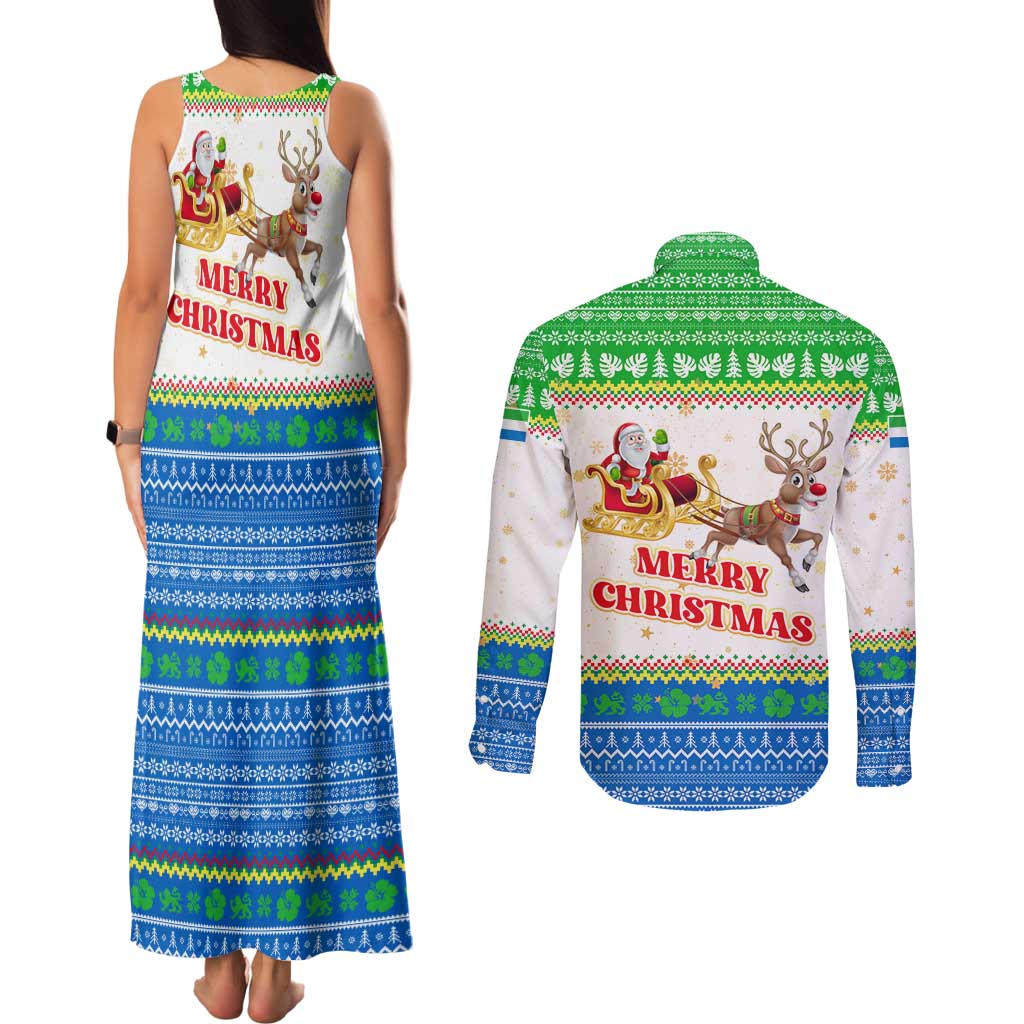Sierra Leone Christmas Couples Matching Tank Maxi Dress and Long Sleeve Button Shirt with Festive Green Pattern, Golden Lion Emblem, and Santa Sleigh Motif - Wonder Print Shop