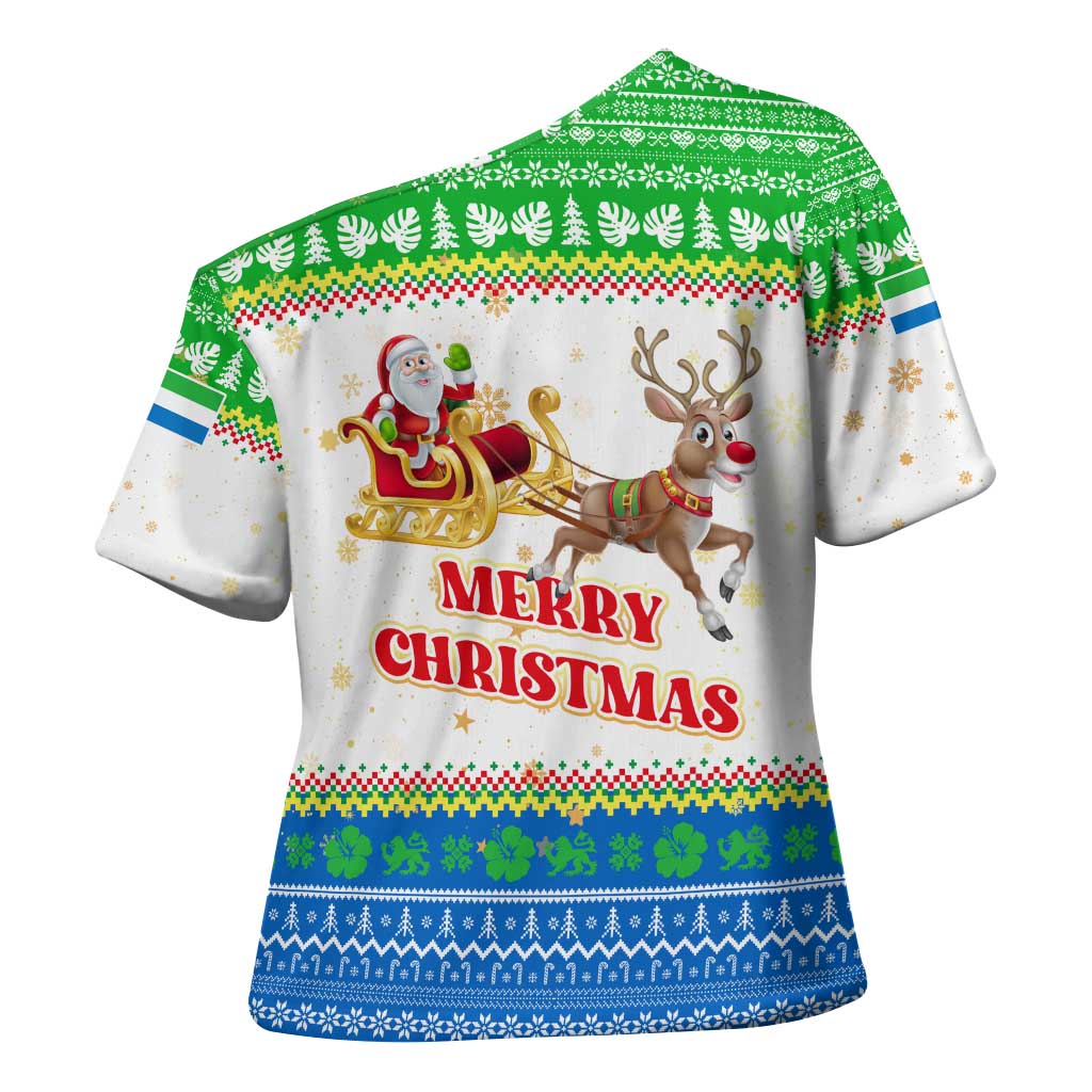 Sierra Leone Christmas Cross Shoulder Shirt with Festive Green Pattern, Golden Lion Emblem, and Santa Sleigh Motif - Wonder Print Shop