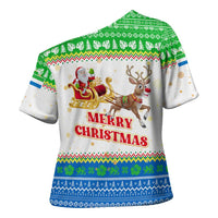 Sierra Leone Christmas Cross Shoulder Shirt with Festive Green Pattern, Golden Lion Emblem, and Santa Sleigh Motif - Wonder Print Shop