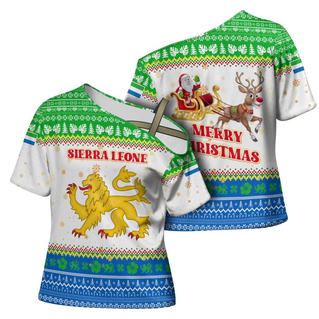 Sierra Leone Christmas Cross Shoulder Shirt with Festive Green Pattern, Golden Lion Emblem, and Santa Sleigh Motif - Wonder Print Shop