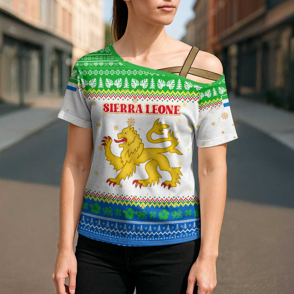 Sierra Leone Christmas Cross Shoulder Shirt with Festive Green Pattern, Golden Lion Emblem, and Santa Sleigh Motif - Wonder Print Shop