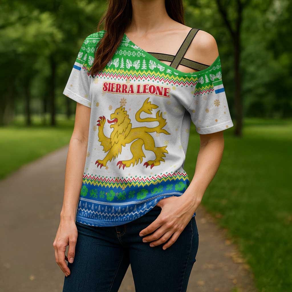 Sierra Leone Christmas Cross Shoulder Shirt with Festive Green Pattern, Golden Lion Emblem, and Santa Sleigh Motif - Wonder Print Shop