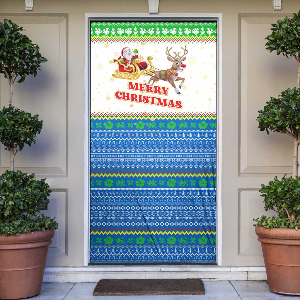 Sierra Leone Christmas Door Cover with Festive Green Pattern, Golden Lion Emblem, and Santa Sleigh Motif - Wonder Print Shop