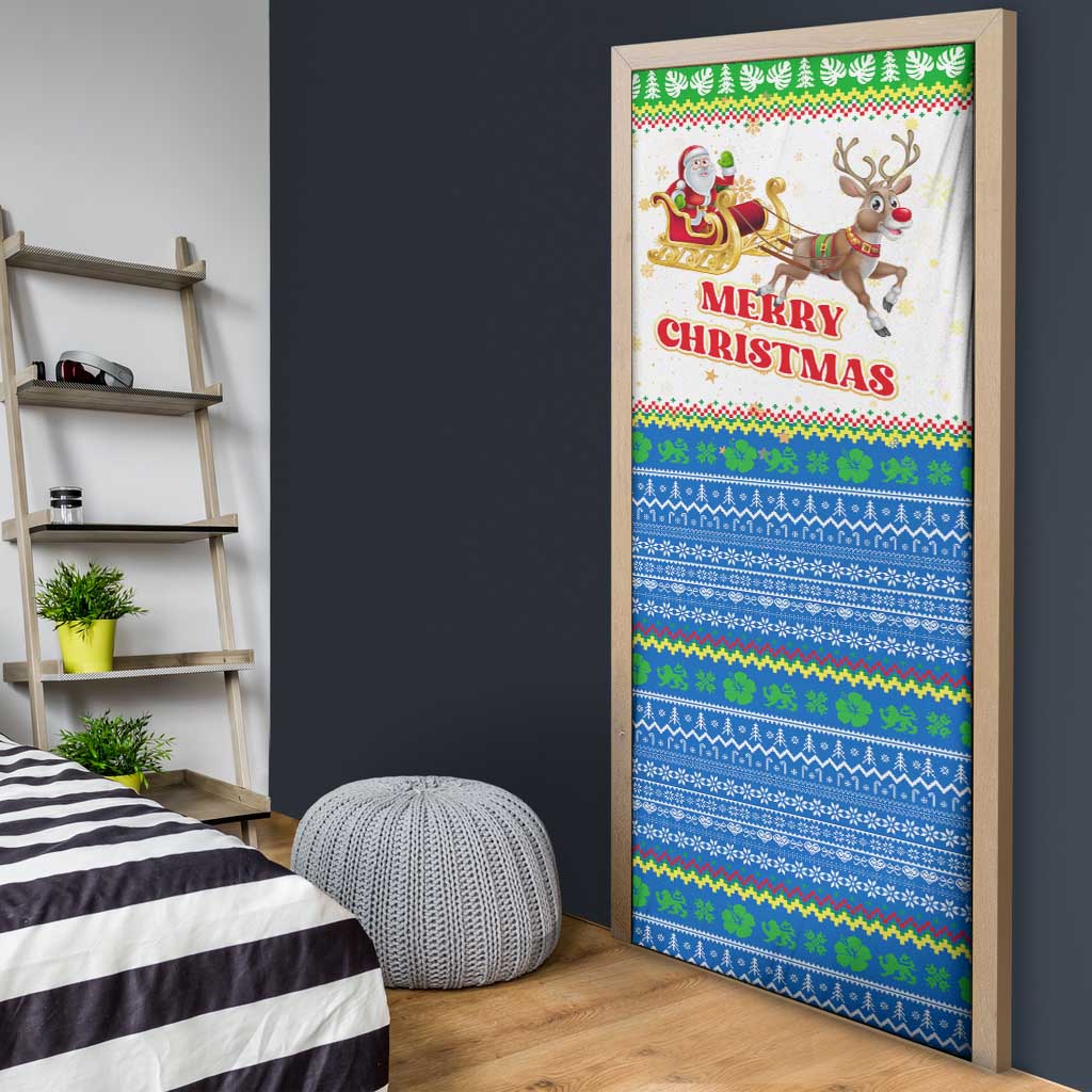 Sierra Leone Christmas Door Cover with Festive Green Pattern, Golden Lion Emblem, and Santa Sleigh Motif - Wonder Print Shop