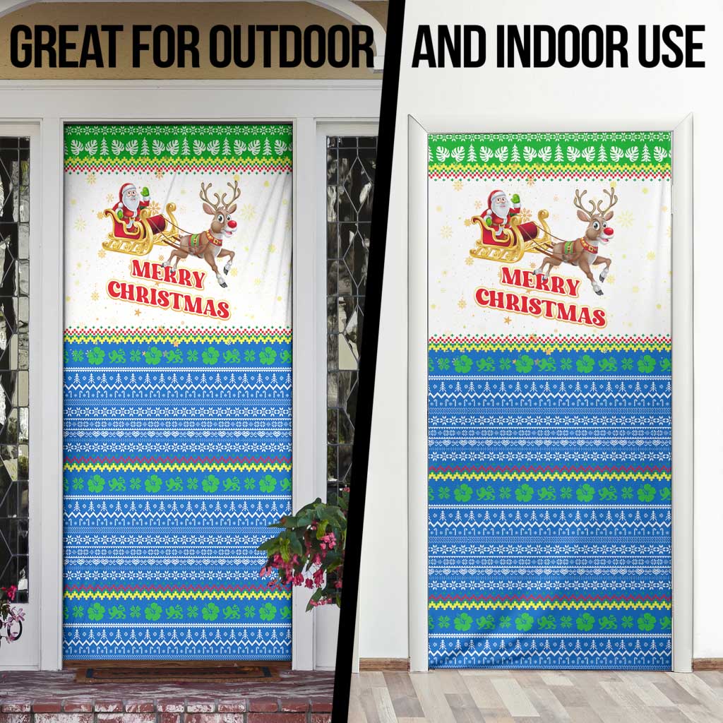 Sierra Leone Christmas Door Cover with Festive Green Pattern, Golden Lion Emblem, and Santa Sleigh Motif - Wonder Print Shop