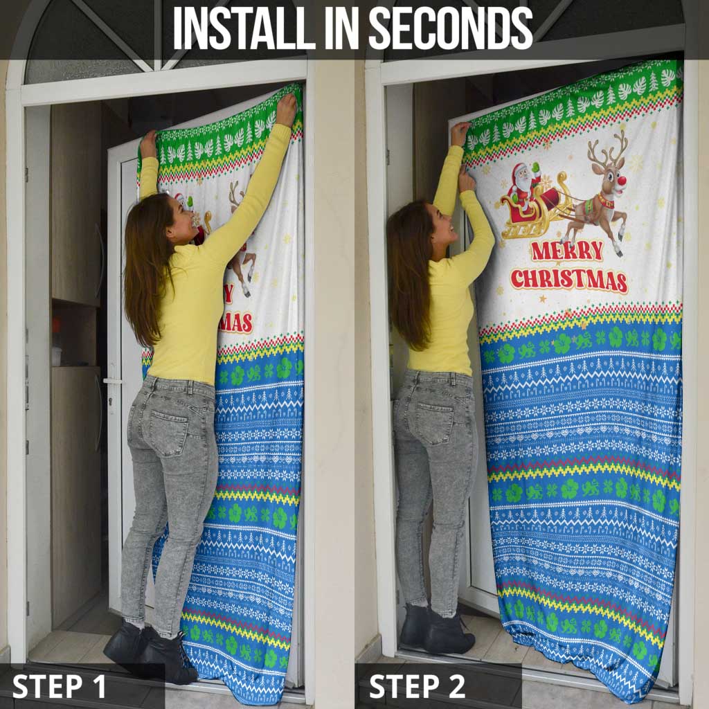 Sierra Leone Christmas Door Cover with Festive Green Pattern, Golden Lion Emblem, and Santa Sleigh Motif - Wonder Print Shop