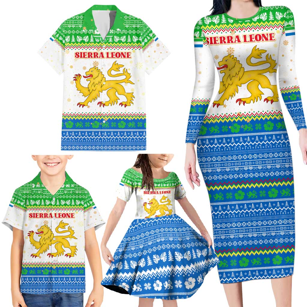 Sierra Leone Christmas Family Matching Long Sleeve Bodycon Dress and Hawaiian Shirt with Festive Green Pattern, Golden Lion Emblem, and Santa Sleigh Motif - Wonder Print Shop