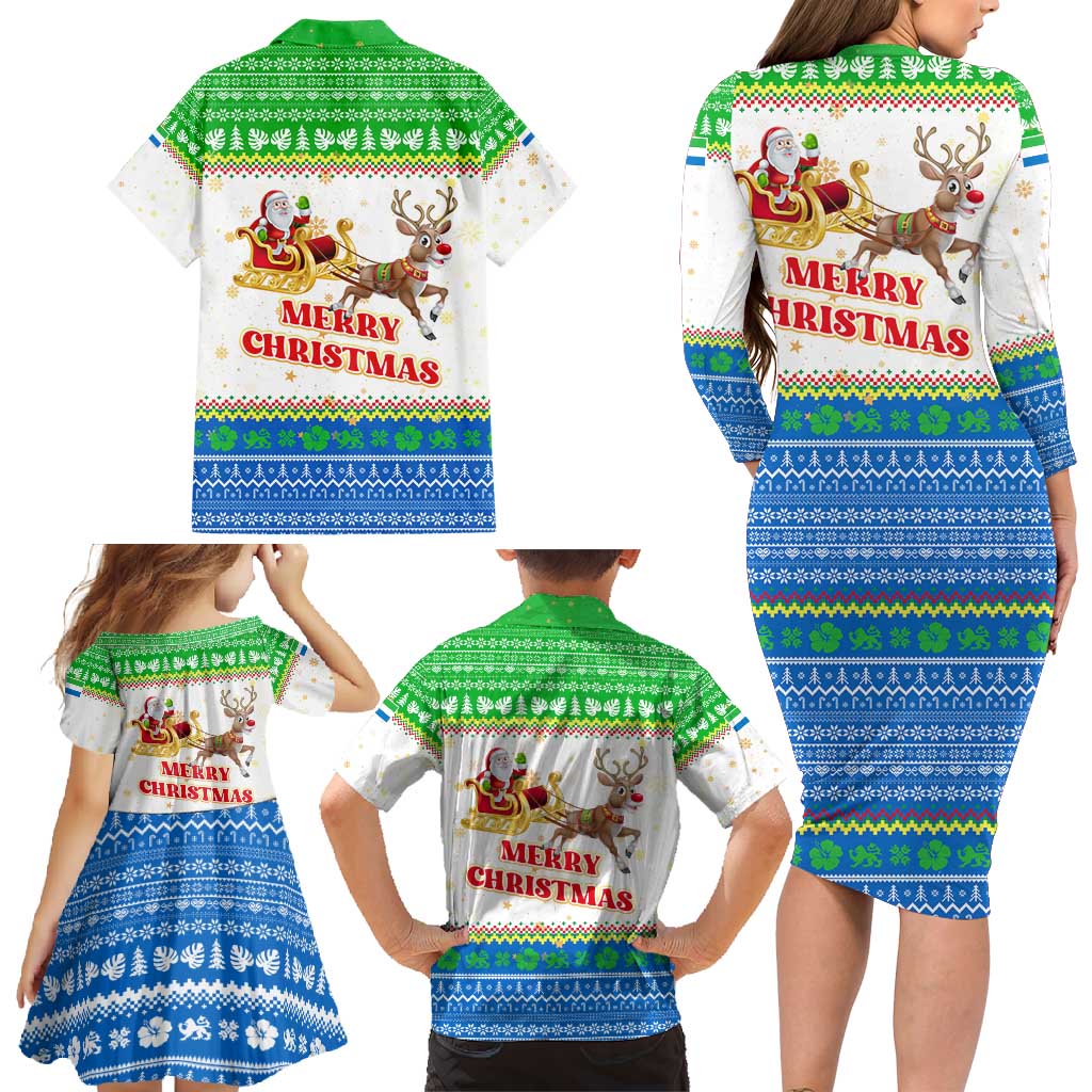 Sierra Leone Christmas Family Matching Long Sleeve Bodycon Dress and Hawaiian Shirt with Festive Green Pattern, Golden Lion Emblem, and Santa Sleigh Motif - Wonder Print Shop