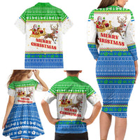 Sierra Leone Christmas Family Matching Long Sleeve Bodycon Dress and Hawaiian Shirt with Festive Green Pattern, Golden Lion Emblem, and Santa Sleigh Motif - Wonder Print Shop