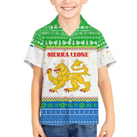 Sierra Leone Christmas Family Matching Long Sleeve Bodycon Dress and Hawaiian Shirt with Festive Green Pattern, Golden Lion Emblem, and Santa Sleigh Motif - Wonder Print Shop