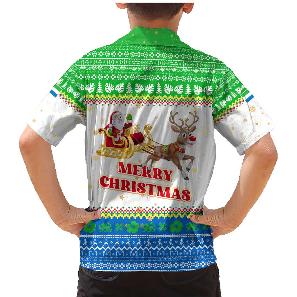 Sierra Leone Christmas Family Matching Mermaid Dress and Hawaiian Shirt with Festive Green Pattern, Golden Lion Emblem, and Santa Sleigh Motif - Wonder Print Shop