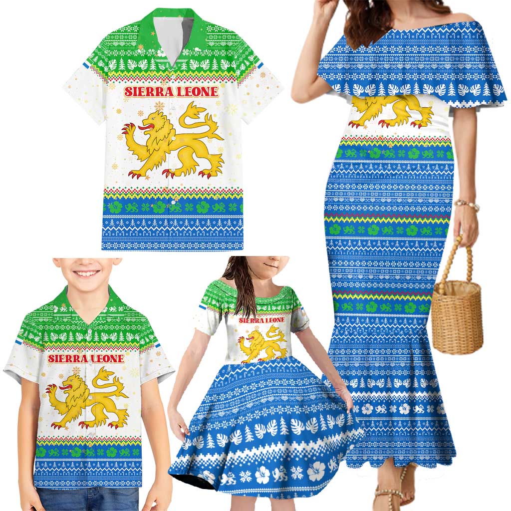 Sierra Leone Christmas Family Matching Mermaid Dress and Hawaiian Shirt with Festive Green Pattern, Golden Lion Emblem, and Santa Sleigh Motif - Wonder Print Shop