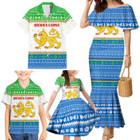 Sierra Leone Christmas Family Matching Mermaid Dress and Hawaiian Shirt with Festive Green Pattern, Golden Lion Emblem, and Santa Sleigh Motif - Wonder Print Shop