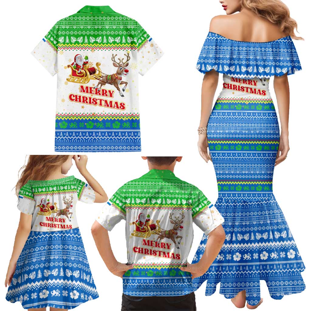 Sierra Leone Christmas Family Matching Mermaid Dress and Hawaiian Shirt with Festive Green Pattern, Golden Lion Emblem, and Santa Sleigh Motif - Wonder Print Shop