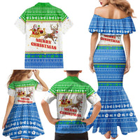 Sierra Leone Christmas Family Matching Mermaid Dress and Hawaiian Shirt with Festive Green Pattern, Golden Lion Emblem, and Santa Sleigh Motif - Wonder Print Shop