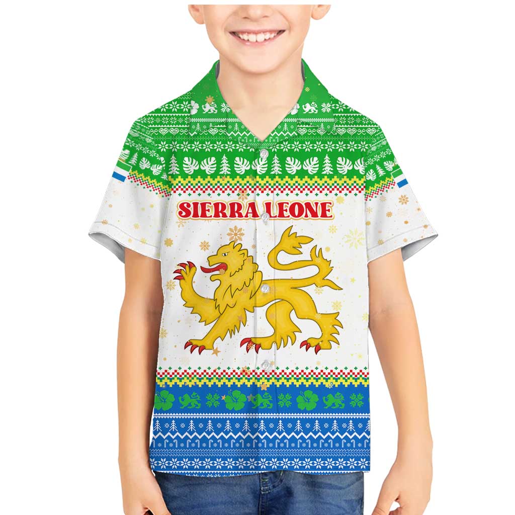 Sierra Leone Christmas Family Matching Mermaid Dress and Hawaiian Shirt with Festive Green Pattern, Golden Lion Emblem, and Santa Sleigh Motif - Wonder Print Shop