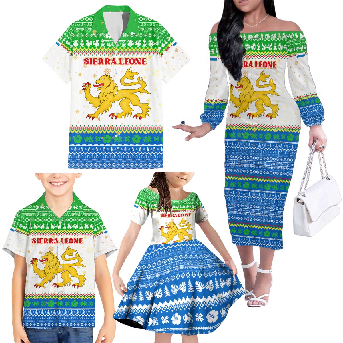 Sierra Leone Christmas Family Matching Off The Shoulder Long Sleeve Dress and Hawaiian Shirt with Festive Green Pattern, Golden Lion Emblem, and Santa Sleigh Motif - Wonder Print Shop
