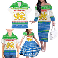 Sierra Leone Christmas Family Matching Off The Shoulder Long Sleeve Dress and Hawaiian Shirt with Festive Green Pattern, Golden Lion Emblem, and Santa Sleigh Motif - Wonder Print Shop