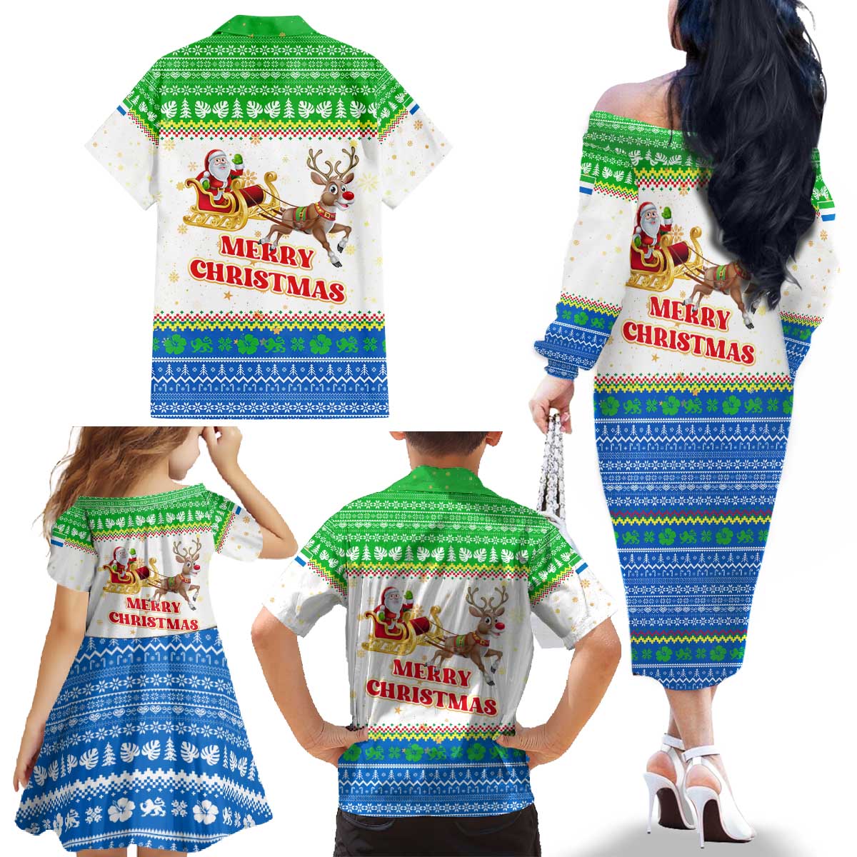 Sierra Leone Christmas Family Matching Off The Shoulder Long Sleeve Dress and Hawaiian Shirt with Festive Green Pattern, Golden Lion Emblem, and Santa Sleigh Motif - Wonder Print Shop