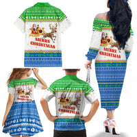 Sierra Leone Christmas Family Matching Off The Shoulder Long Sleeve Dress and Hawaiian Shirt with Festive Green Pattern, Golden Lion Emblem, and Santa Sleigh Motif - Wonder Print Shop