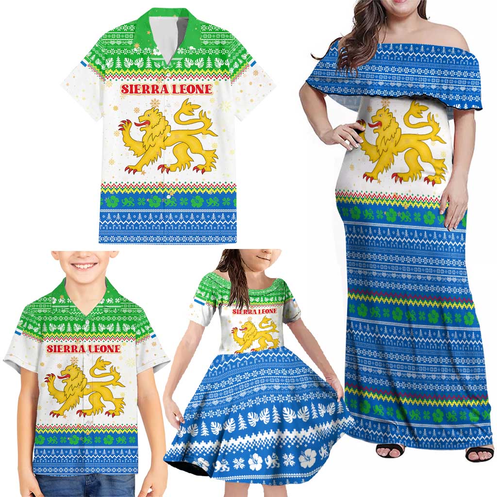 Sierra Leone Christmas Family Matching Off Shoulder Maxi Dress and Hawaiian Shirt with Festive Green Pattern, Golden Lion Emblem, and Santa Sleigh Motif - Wonder Print Shop