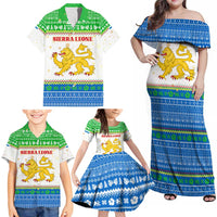 Sierra Leone Christmas Family Matching Off Shoulder Maxi Dress and Hawaiian Shirt with Festive Green Pattern, Golden Lion Emblem, and Santa Sleigh Motif - Wonder Print Shop