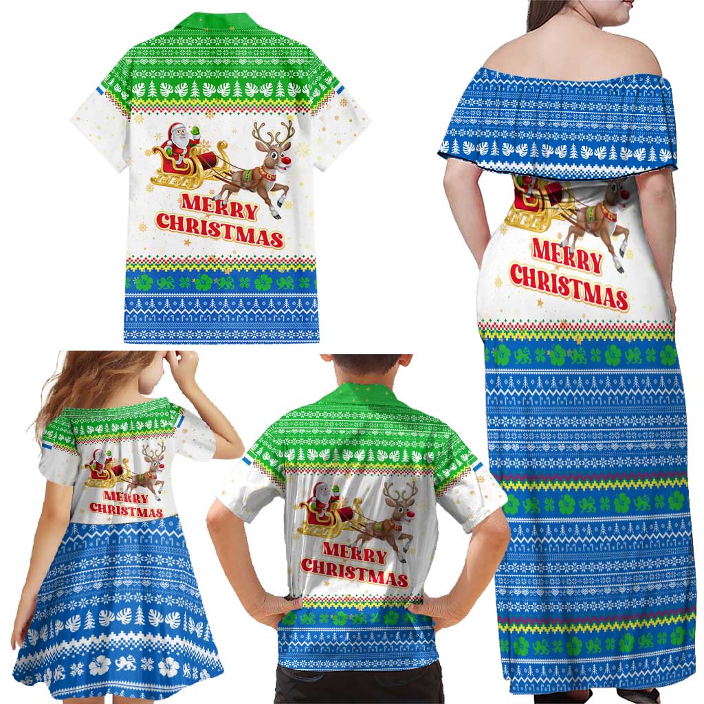 Sierra Leone Christmas Family Matching Off Shoulder Maxi Dress and Hawaiian Shirt with Festive Green Pattern, Golden Lion Emblem, and Santa Sleigh Motif - Wonder Print Shop
