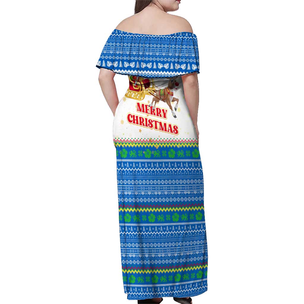 Sierra Leone Christmas Family Matching Off Shoulder Maxi Dress and Hawaiian Shirt with Festive Green Pattern, Golden Lion Emblem, and Santa Sleigh Motif - Wonder Print Shop