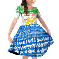 Sierra Leone Christmas Family Matching Off Shoulder Short Dress and Hawaiian Shirt with Festive Green Pattern, Golden Lion Emblem, and Santa Sleigh Motif - Wonder Print Shop