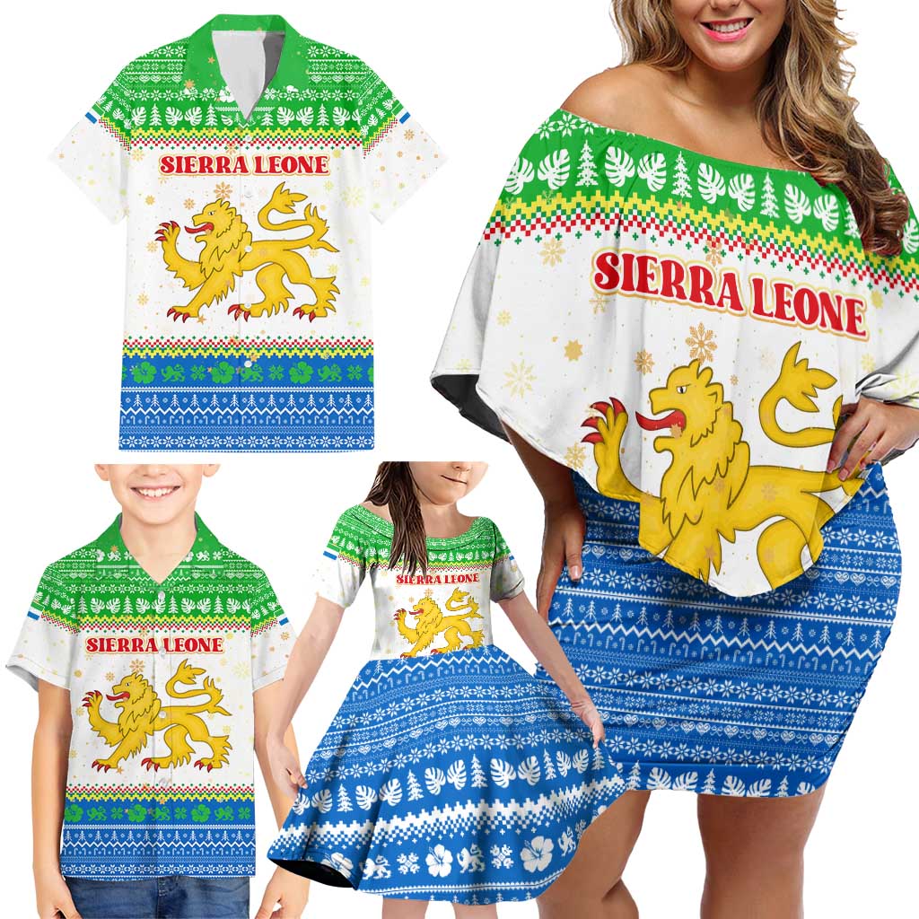 Sierra Leone Christmas Family Matching Off Shoulder Short Dress and Hawaiian Shirt with Festive Green Pattern, Golden Lion Emblem, and Santa Sleigh Motif - Wonder Print Shop