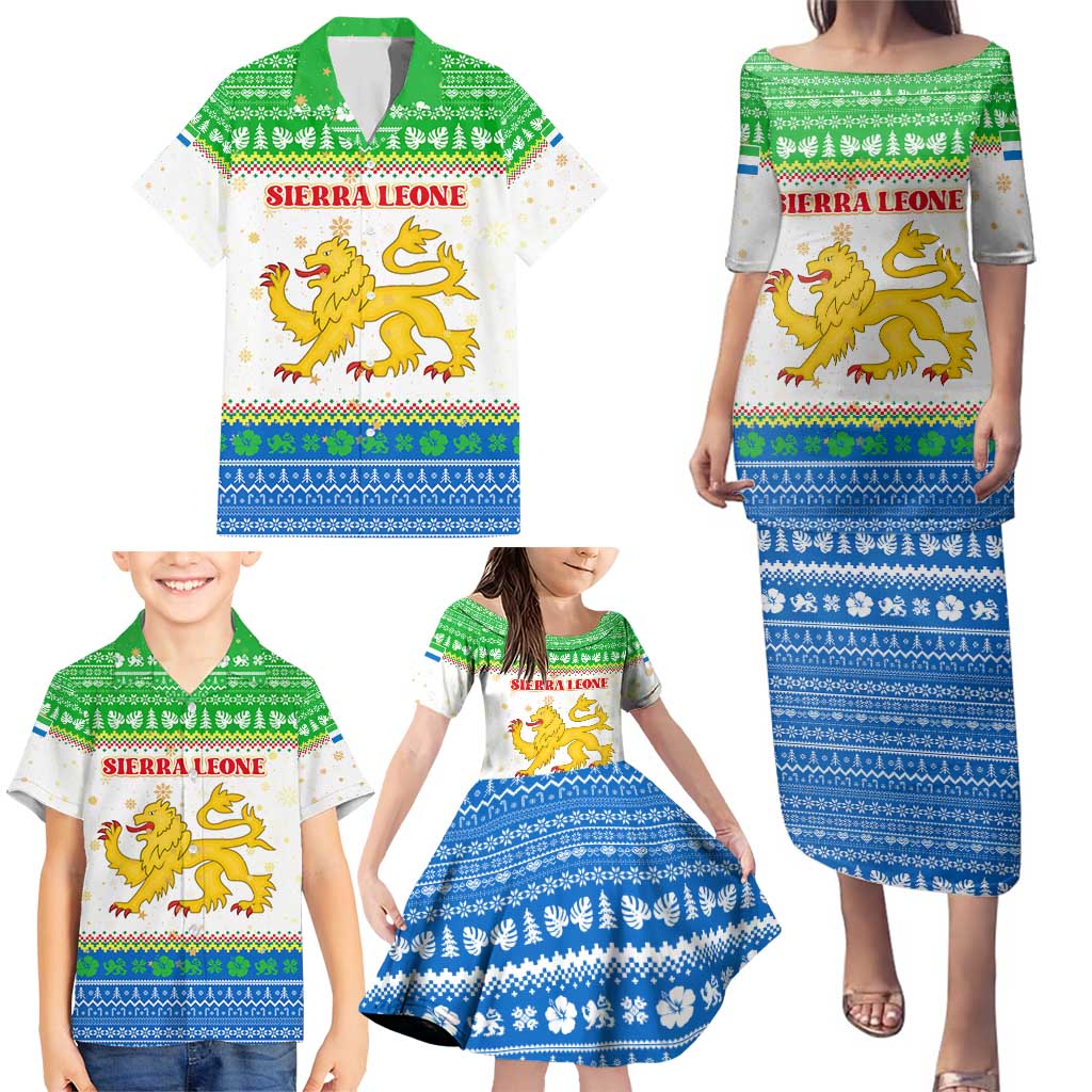 Sierra Leone Christmas Family Matching Puletasi and Hawaiian Shirt with Festive Green Pattern, Golden Lion Emblem, and Santa Sleigh Motif - Wonder Print Shop