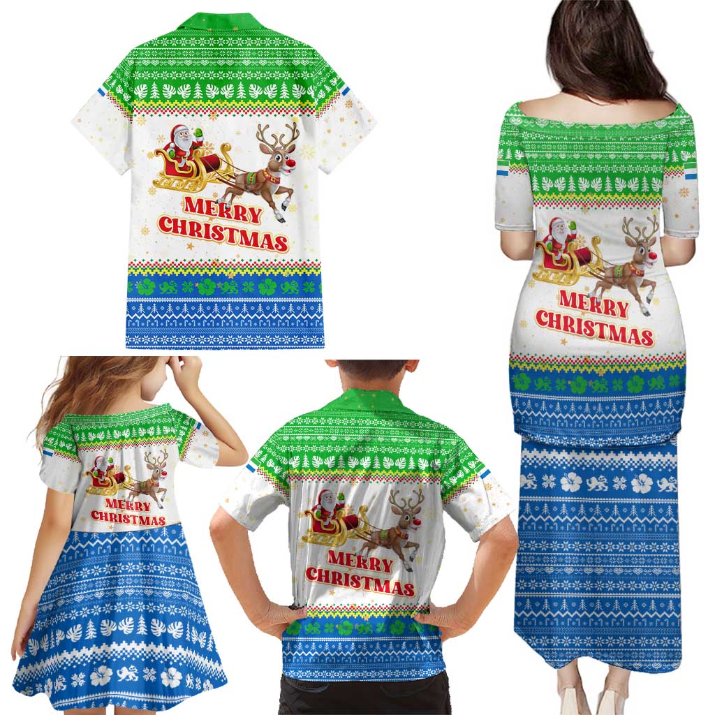 Sierra Leone Christmas Family Matching Puletasi and Hawaiian Shirt with Festive Green Pattern, Golden Lion Emblem, and Santa Sleigh Motif - Wonder Print Shop