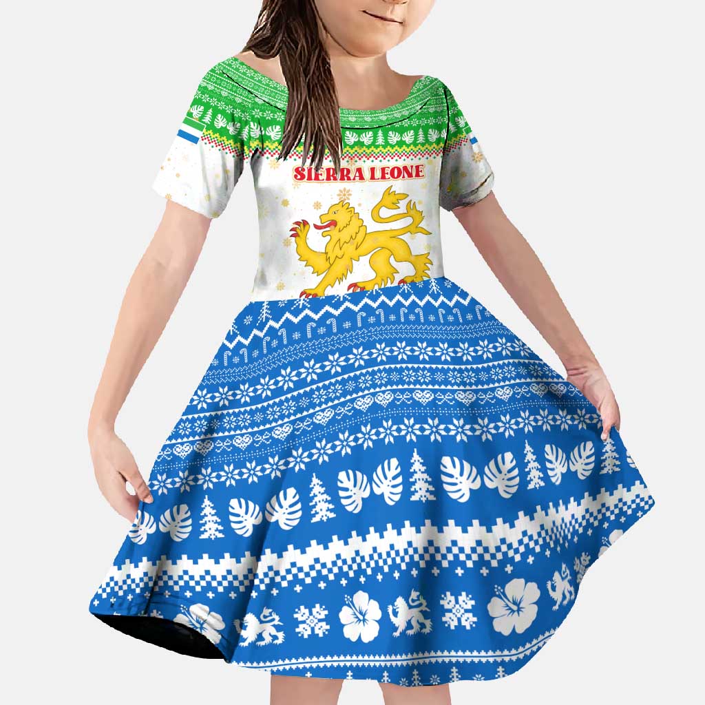 Sierra Leone Christmas Family Matching Short Sleeve Bodycon Dress and Hawaiian Shirt with Festive Green Pattern, Golden Lion Emblem, and Santa Sleigh Motif - Wonder Print Shop