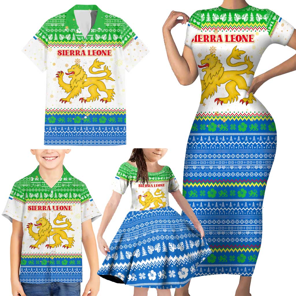Sierra Leone Christmas Family Matching Short Sleeve Bodycon Dress and Hawaiian Shirt with Festive Green Pattern, Golden Lion Emblem, and Santa Sleigh Motif - Wonder Print Shop