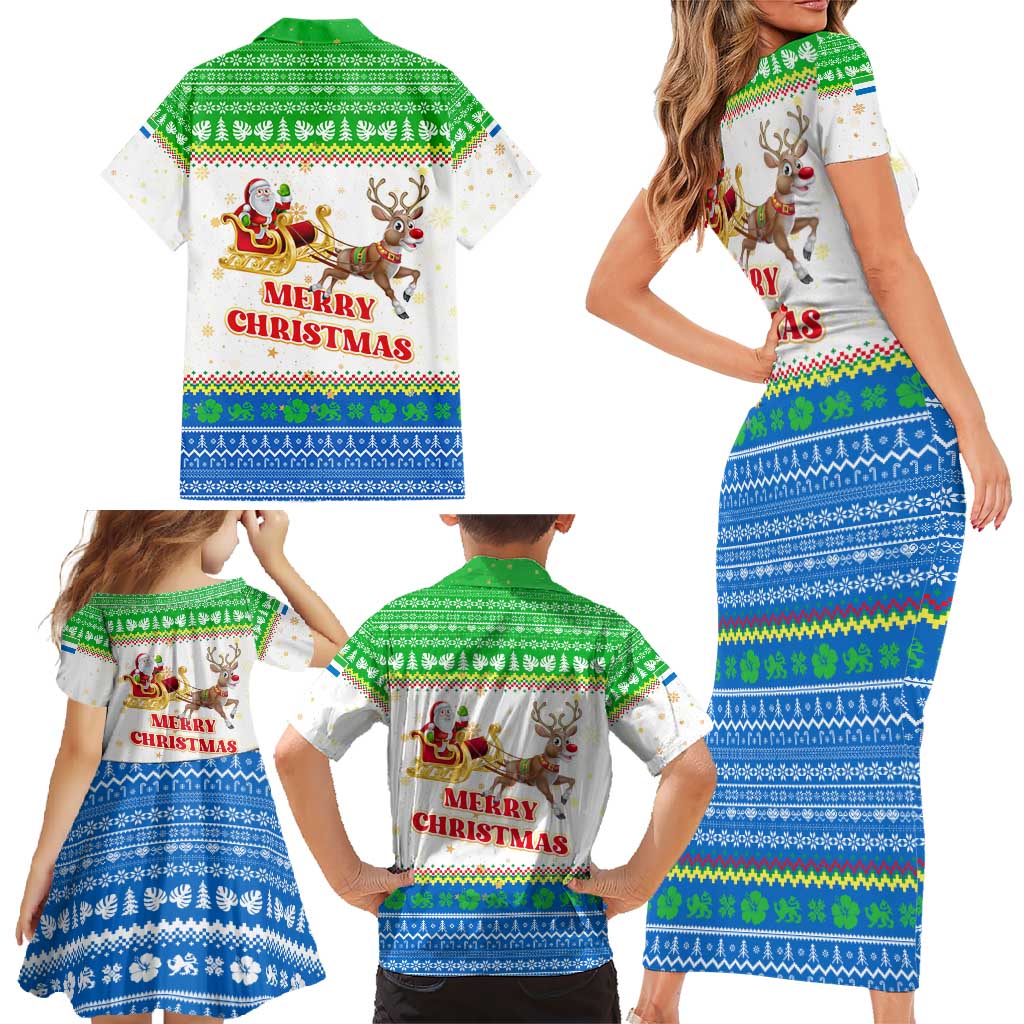 Sierra Leone Christmas Family Matching Short Sleeve Bodycon Dress and Hawaiian Shirt with Festive Green Pattern, Golden Lion Emblem, and Santa Sleigh Motif - Wonder Print Shop