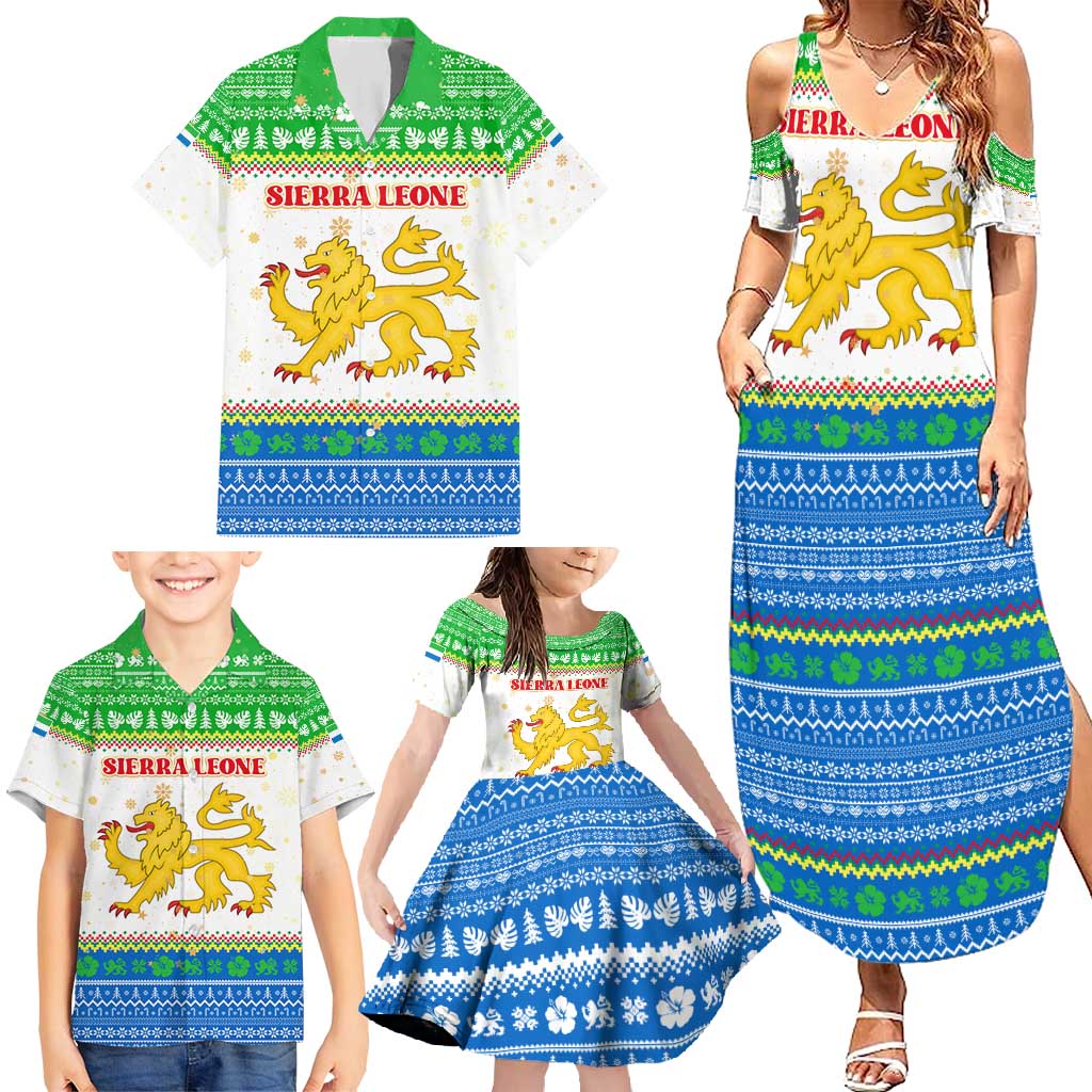 Sierra Leone Christmas Family Matching Summer Maxi Dress and Hawaiian Shirt with Festive Green Pattern, Golden Lion Emblem, and Santa Sleigh Motif - Wonder Print Shop