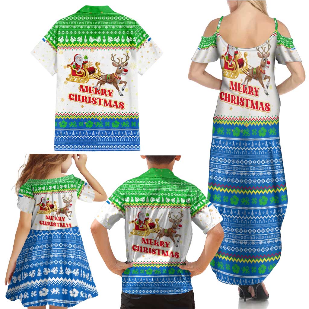 Sierra Leone Christmas Family Matching Summer Maxi Dress and Hawaiian Shirt with Festive Green Pattern, Golden Lion Emblem, and Santa Sleigh Motif - Wonder Print Shop